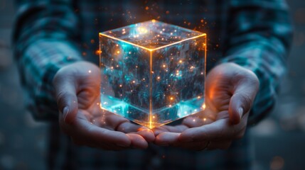 A person holding a cube with glowing lights in their hands, AI