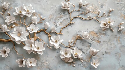 Volumetric abstract flowers on a concrete wall with gold elements.