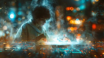 A woman sitting at a table with glowing lights around her, AI