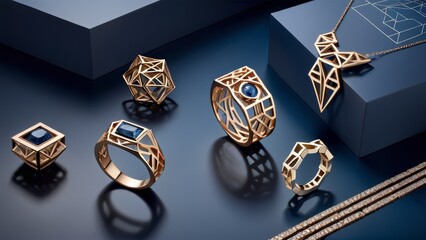 Modern Geometric Gold Jewelry Collection with Blue Gemstones