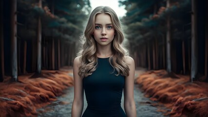 Fototapeta premium Portrait of a beautiful young woman wearing a tight black dress