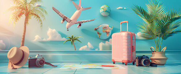 Time to travel concept poster in 3d realistic style with suitcase, palm tree, hat, camera, airplane, map. Vector illustration