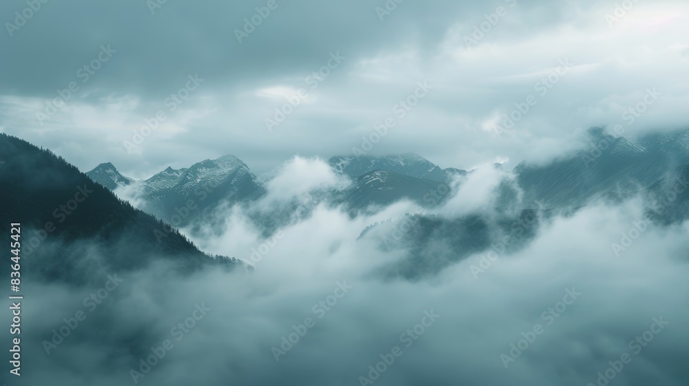 Poster a mystical atmosphere created by the convergence of mountains and ethereal highaltitude clouds.