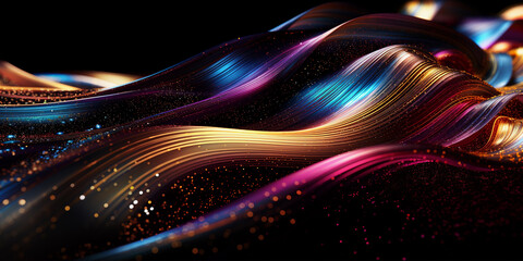 Glitter Golden Stripes Design. Shiny Gold and Magenta Blue Teal Wave lines on dark background