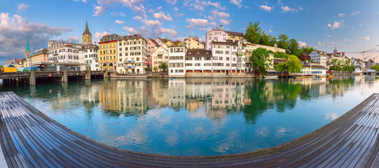 Panoramic view of Zurich Old Town with reflections on the Limmat River, Switzerland