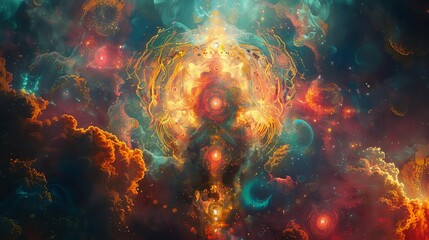 Obraz premium Religious ritual with glowing symbols, Fantasy, Dark and vibrant colors, Digital art, Highlighting ancient practices with modern elements