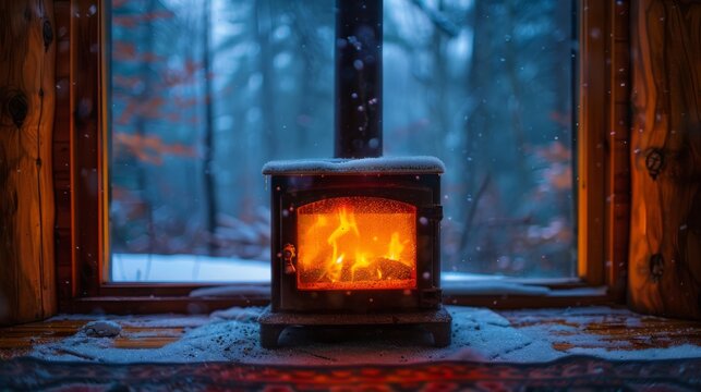Snow-covered window with wood stove inside cabin during winter. Cozy winter and holiday season concept