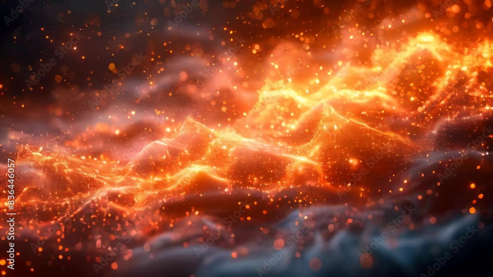 Poster an abstract yellow wave background with glowing particles and lines. futuristic waves