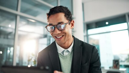 Man, employee and smile with tablet in office for browsing internet or website for networking and communication. News, business and happy for email, financial report and stock exchange as accountant