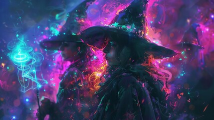 Witches casting spells with holographic runes, Fantasy, Dark and vibrant hues, Digital painting, Combining magic with advanced technology