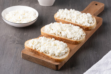 Bread with curd cheese on grey wooden table