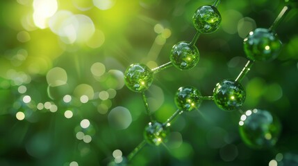Green Molecular Structure in Sunlight. Close-up of a green molecular structure with sunlight and bokeh effect, symbolizing nature and science integration.