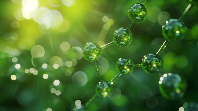 Green Molecular Structure in Sunlight. Close-up of a green molecular structure with sunlight and bokeh effect, symbolizing nature and science integration.