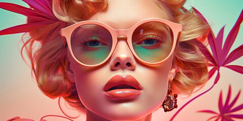 Fototapeta premium Retro style pastel colors summer background. Fashion woman wearing big sunglasses.