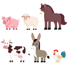 Adorable Farm Animals Collection, Animals Cartoon Vector Illustration