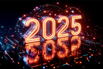 2025 New Year Futuristic 2025 Neon Sign, Cyberpunk Year 2025 Concept Art, Glowing 2025 on Electronic Background, New year 2025 Sci-Fi Themed 2025 Illustration, High-Tech 2025 Digital, Gold, glossy