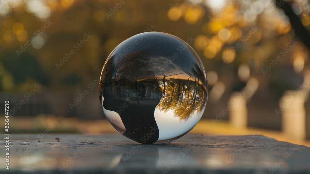 Poster a shiny object sitting on a table with the reflection of trees in it, ai