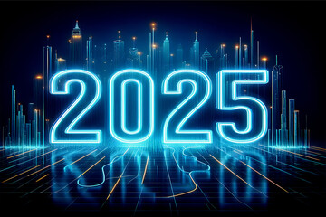 New Year Futuristic Neon 2025 Signage, Glowing 2025 on Digital Grid, Cyberpunk Style 2025 Year Display, Neon Light 2025 Against Virtual Cityscape, Digital Revolution Concept with 2025 Neon Lights