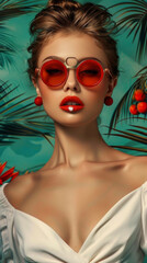 Fototapeta premium Retro style pastel colors summer background. Fashion woman wearing big sunglasses.