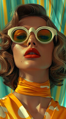 Fototapeta premium Retro style pastel colors summer background. Fashion woman wearing big sunglasses.