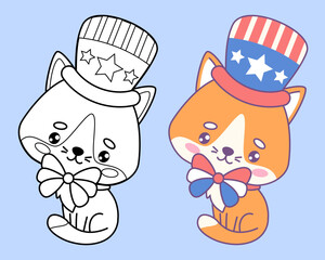 Patriotic cat with bow and hat in colors of American flag. Set of colored and outline drawing. Independence Day. Isolated Cartoon kawaii pet. Vector illustration. Kids collection. Coloring book