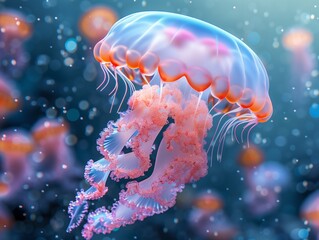Naklejka premium Jellyfish Ocean Sea Water Underwater Aquarium Creature Jelly Fish Tentacles Tentacle Colorful Close-Up Blurred Background Image