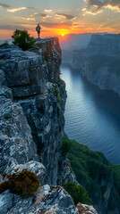 Obraz premium A nature mountain range scene with a hiker standing on a cliff edge, the sun setting in the background