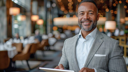 Obraz premium Portrait of a Smiling Male Entrepreneur Capturing the Charisma and Confidence of a Successful Business Owner, Radiating Self-Assuredness and Managerial Excellence Wallpaper Digital Art Poster