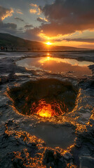 Fototapeta premium A nature mud volcano scene with people observing the bubbling mud, the sun setting in the background