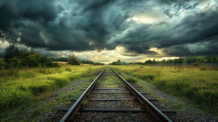 Obraz premium Country landscape with a railway and dark clouds