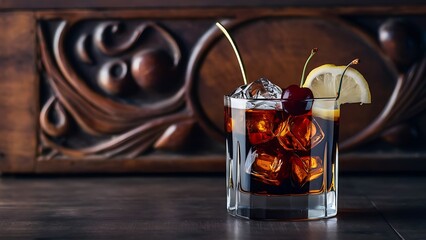 Alcoholic cocktail cola with whiskey and ice cubes vintage wooden background selective focus