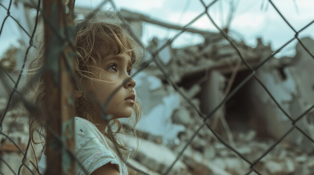 Heartbreaking Portrait of a Child Amidst War Ruins - Emotional Expression Through Fencing. 