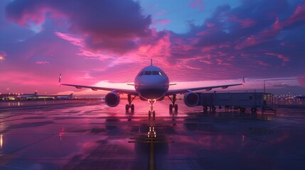 A Large Airplane Parked on the Tarmac With a Purple Sky in the Background - Generative AI