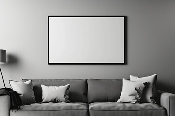 Monochromatic living room with a blank frame on a grey wall, grey sofa, matching cushions, and a black floor lamp; mockup