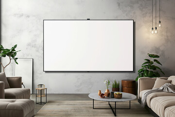 Minimalist living room with a large blank frame on a light textured wall, beige sofa, and round coffee table with decorative items; mockup