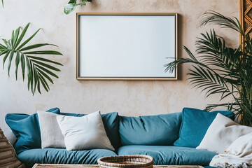 Bohemian living room with a blank frame on a textured wall, blue sofa, white and blue cushions, and indoor plants; mockup