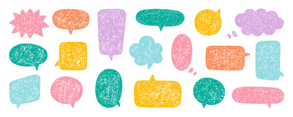Chalk pencil speech bubbles doodle set. Crayon communication frame, comic talk balloon in sketch style, Grunge texture. Hand drawn vector illustration isolated on white background