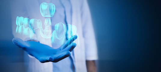 doctor in medical uniform using digital tablet with blue glowing medical icons on dark background.
