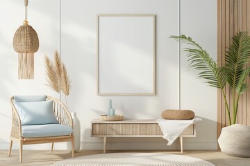 Bright and airy room with a blank white frame, natural wood furniture, woven elements, and a cozy chair with cushions, surrounded by green plants and soft lighting; mockup
