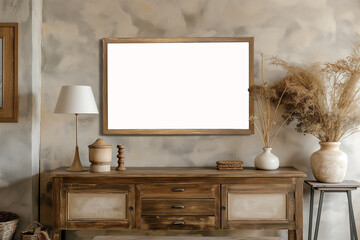 Rustic interior with a blank white frame, wooden furniture, vintage decor, and dried flowers, creating a warm and inviting atmosphere; mockup