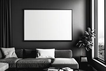 Stylish living room with a blank white frame, black walls, and modern furniture, featuring green plants and large windows; mockup