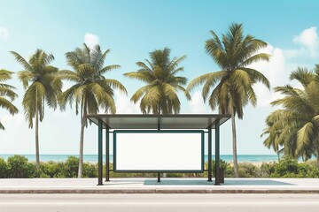 Blank bus stop advertising poster with tropical beach and palm trees background; mockup