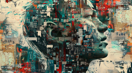 Abstract digital collage art of a human face