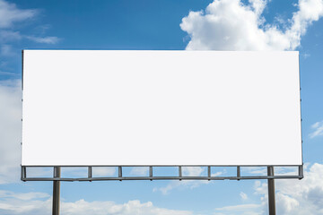 Blank billboard with a blue sky and clouds background, outdoor advertising; mockup