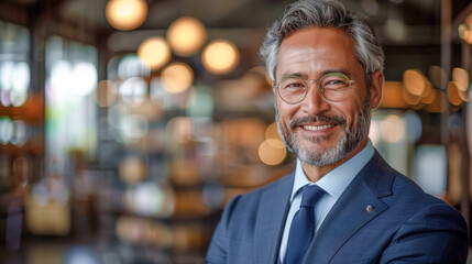 Obraz premium Portrait of a Smiling Male Entrepreneur Capturing the Charisma and Confidence of a Successful Business Owner, Radiating Self-Assuredness and Managerial Excellence Wallpaper Digital Art Poster
