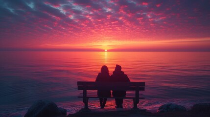 Obraz premium Two People Are Sitting on a Bench Looking out at the Ocean As the Sun Sets - Generative AI