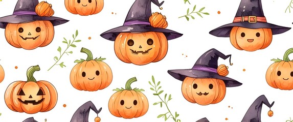 Beautiful Halloween pumpkin watercolor painting. Halloween pumpkin and witch hat. Generative AI