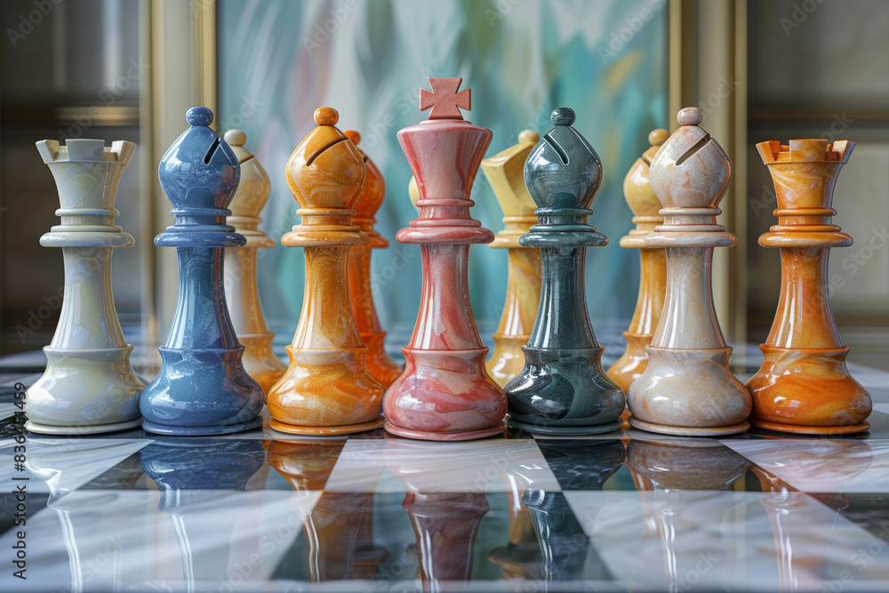 Poster monochrome chessboard set up on a table with colorful pieces. concept of strategy and intellectual c