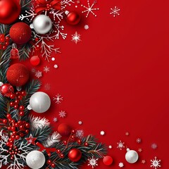 Christmas banner with blank space for text, red background, gifts, fir tree branches, red ornaments.
