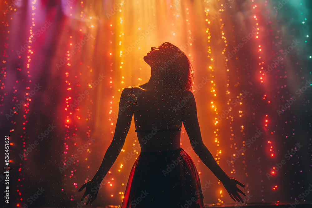 Poster black and white silhouette of a person dancing against a backdrop of colorful stage lights. concept 